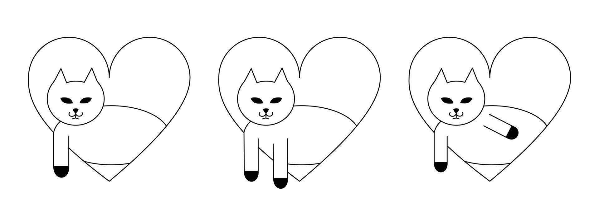 noir et blanc ensemble de chats à l'intérieur cœurs. conception élément. tatouage. minimaliste vecteur illustration