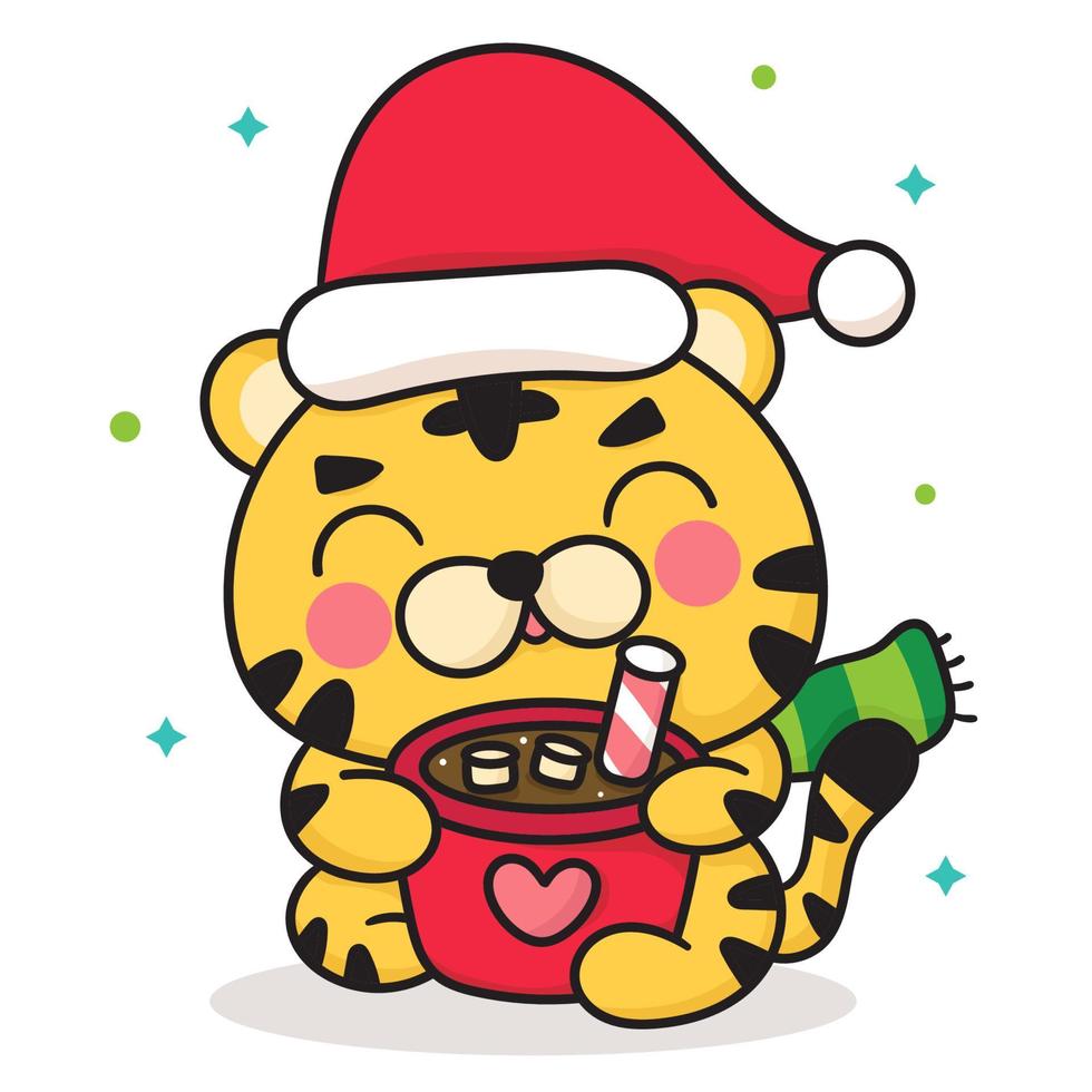 vecteur de dessin animé de tigre porter un chapeau de père Noël mignon boire du chocolat chaud