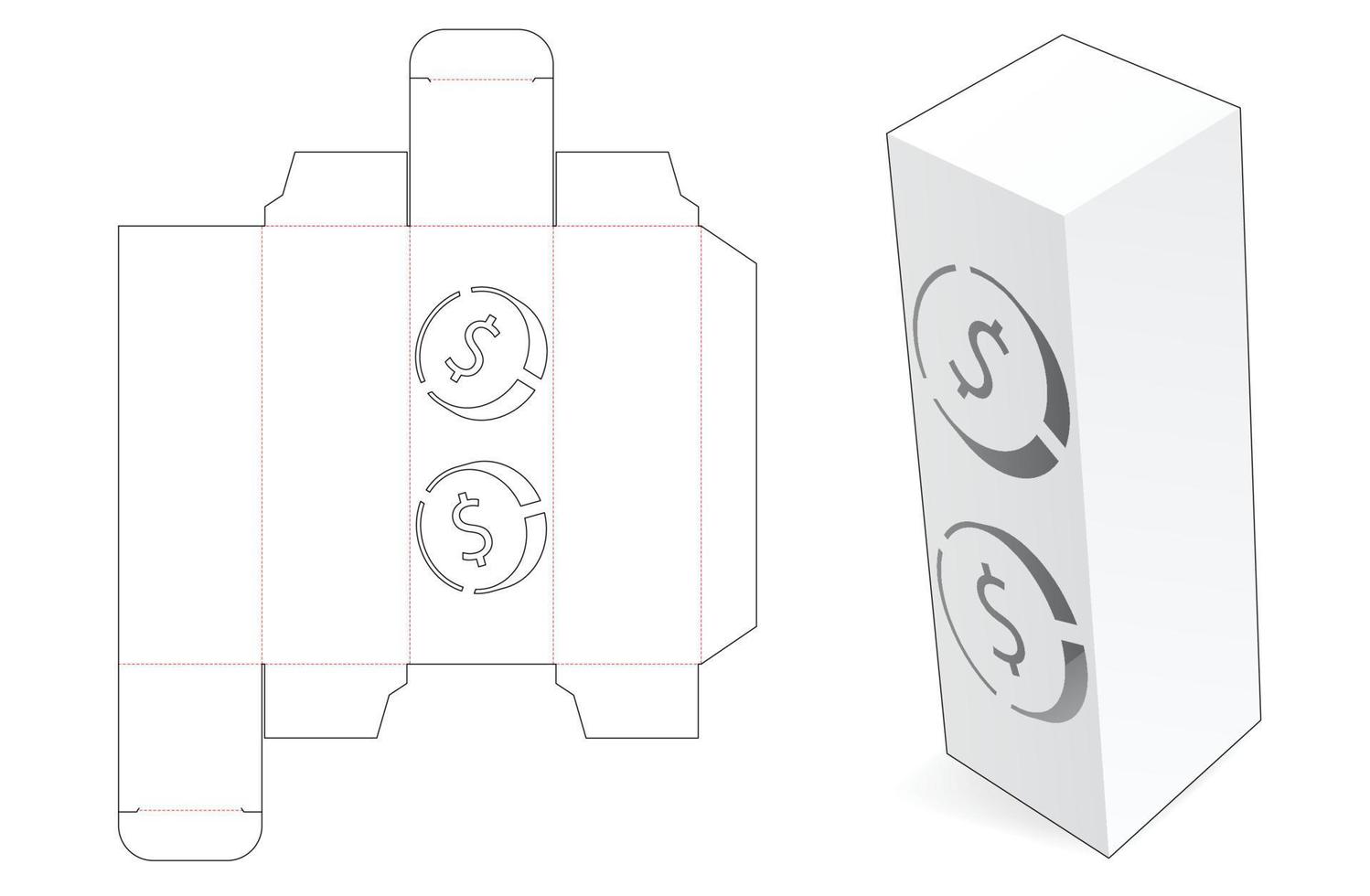 grande boîte d'emballage avec des pièces d'un dollar au pochoir modèle découpé vecteur
