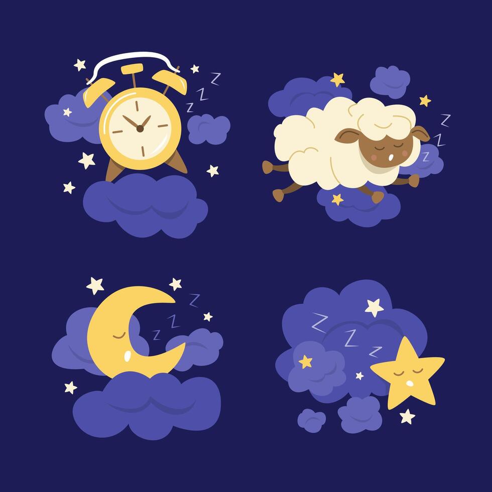 mignonne dessin animé personnages en train de dormir à nuit pour plat conception élément concept illustration ensemble vecteur