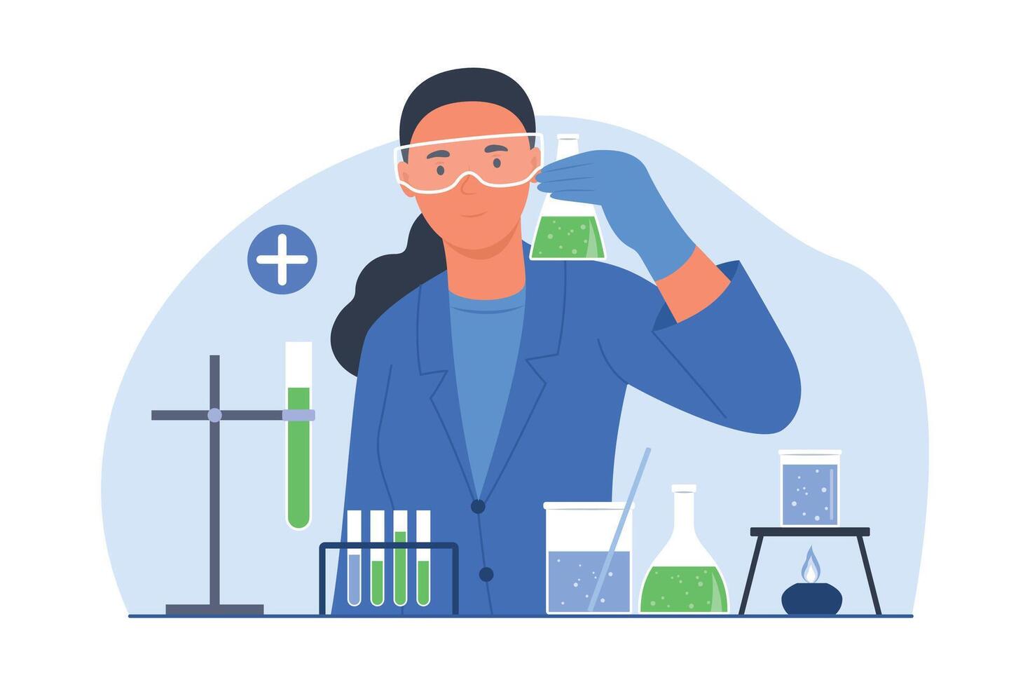 femelle scientifique portant protecteur des lunettes pour essai chimique avec ballon tubes dans chimique laboratoire vecteur