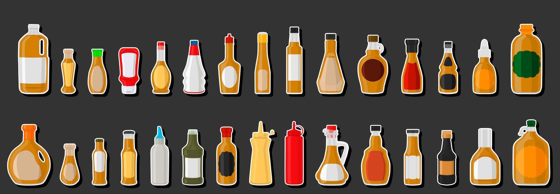 illustration sur le thème grand kit bouteilles en verre variées remplies de sauce épaisse moutarde vecteur