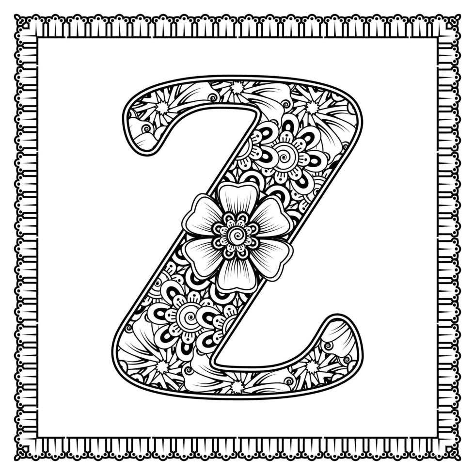 lettre z faite de fleurs dans le style mehndi. page de livre de coloriage. illustration vectorielle de contour à la main. vecteur