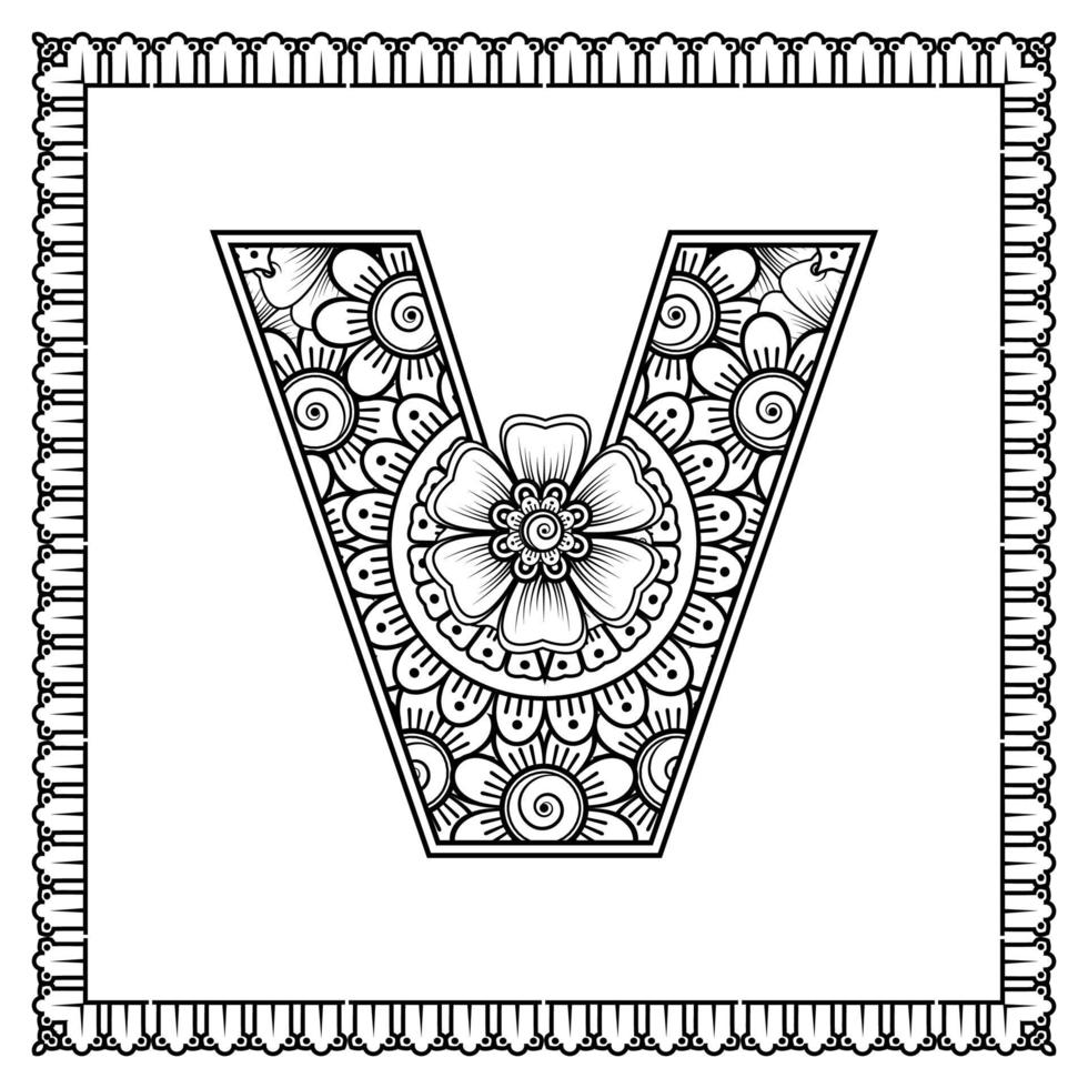 lettre v faite de fleurs dans le style mehndi. page de livre de coloriage. illustration vectorielle de contour à la main. vecteur