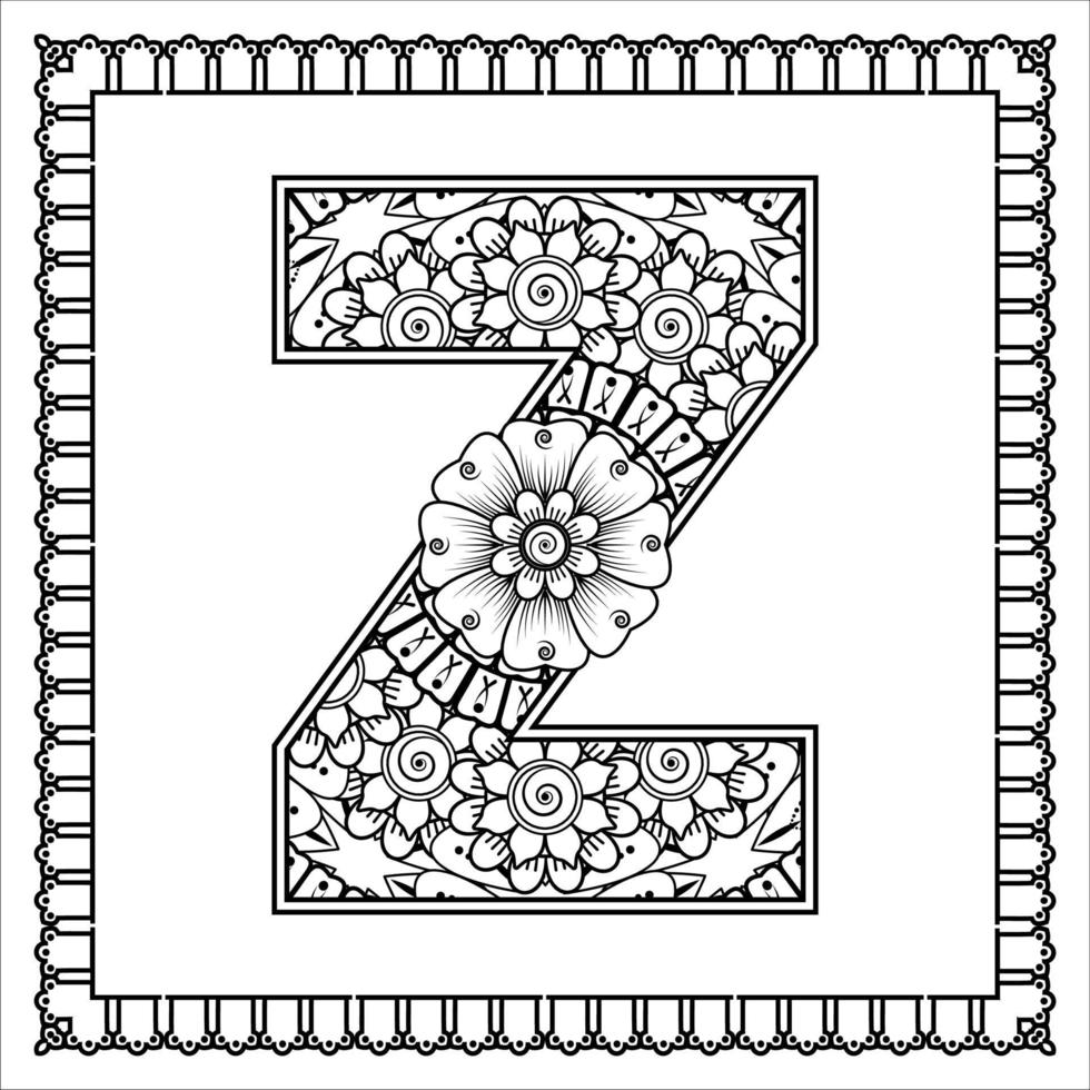 lettre z faite de fleurs dans le style mehndi. page de livre de coloriage. illustration vectorielle de contour à la main. vecteur