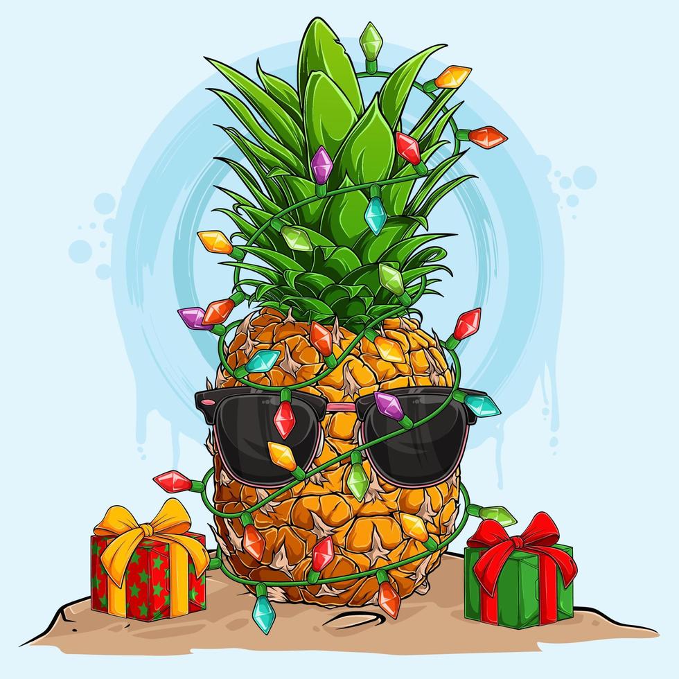 ananas de noël drôle dans des lunettes de soleil et entouré de lumières et de cadeaux d'arbre de noël vecteur