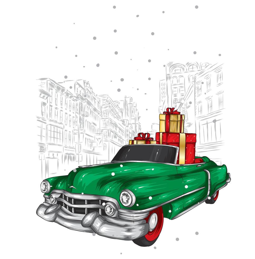 belle voiture rétro et cadeaux de Noël. nouvel an, carte postale ou affiche. vecteur