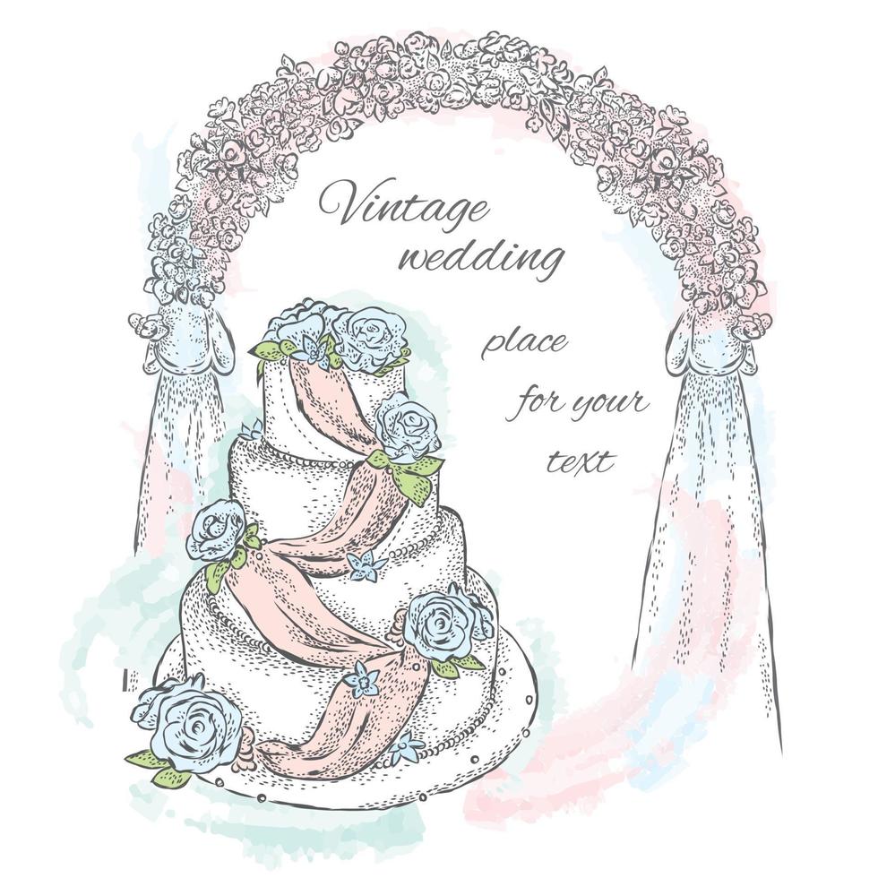 beau gâteau de mariage. illustration vectorielle vintage. vecteur