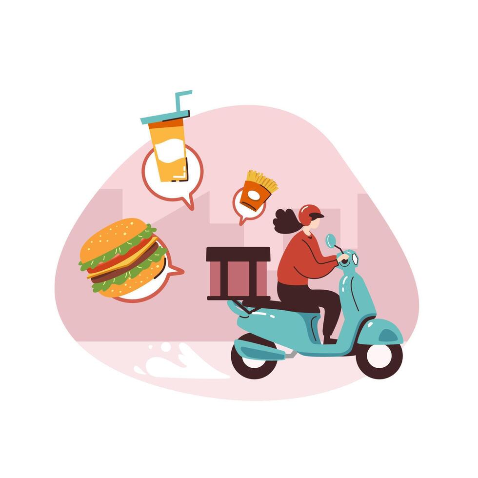 une femme nourriture raider livrer nourriture par vert scooter moto à Accueil plat vecteur illustration isolé sur blanc Contexte. en ligne nourriture livraison un service concept. livraison Accueil et bureau.