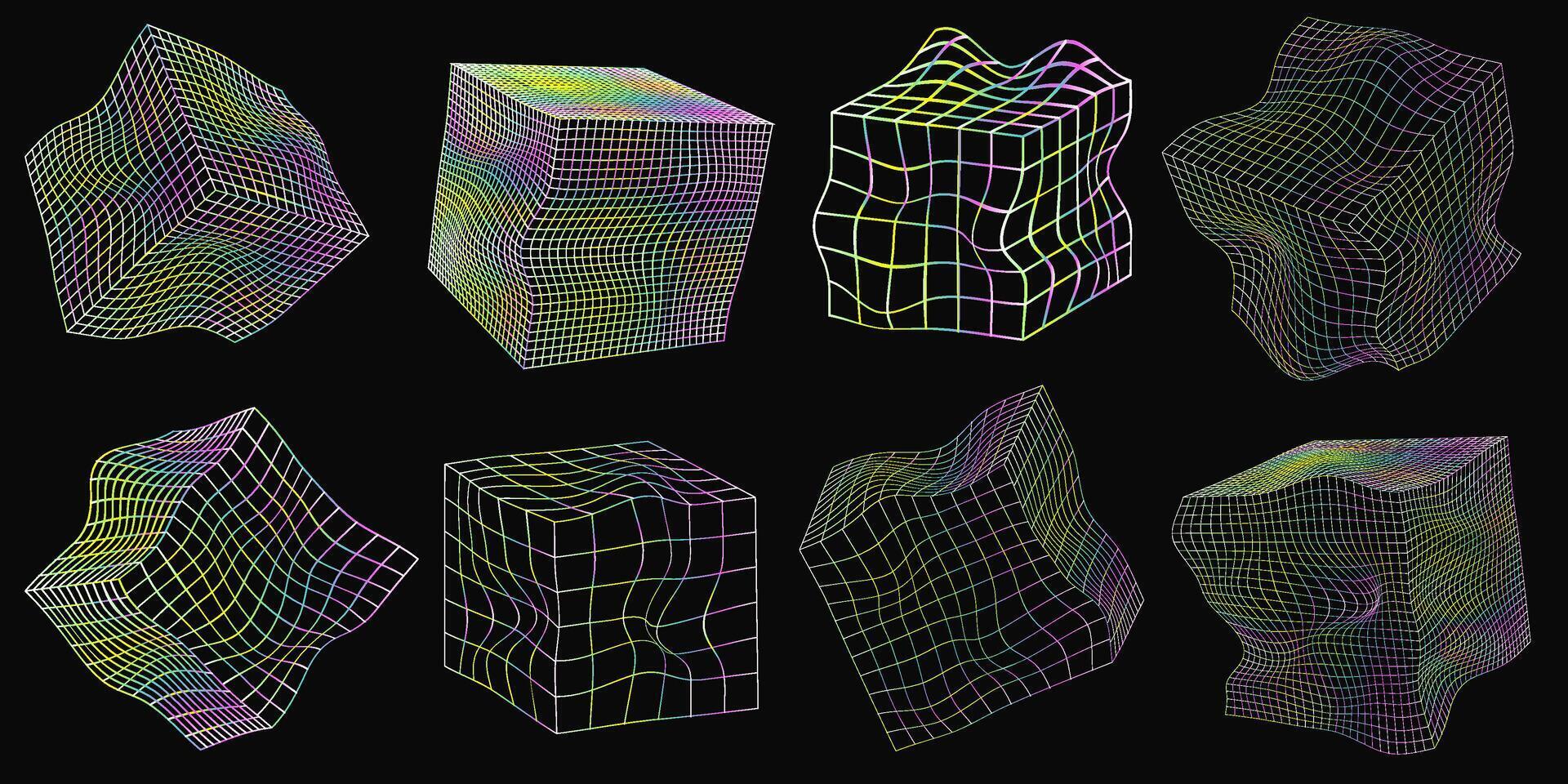collection de déformé filaire cubes de différent côtés. vecteur abstrait géométrique 3d objets. La technologie bloquer chaîne réseau connexion. gros Les données visualisation. Licorne pente couleur.
