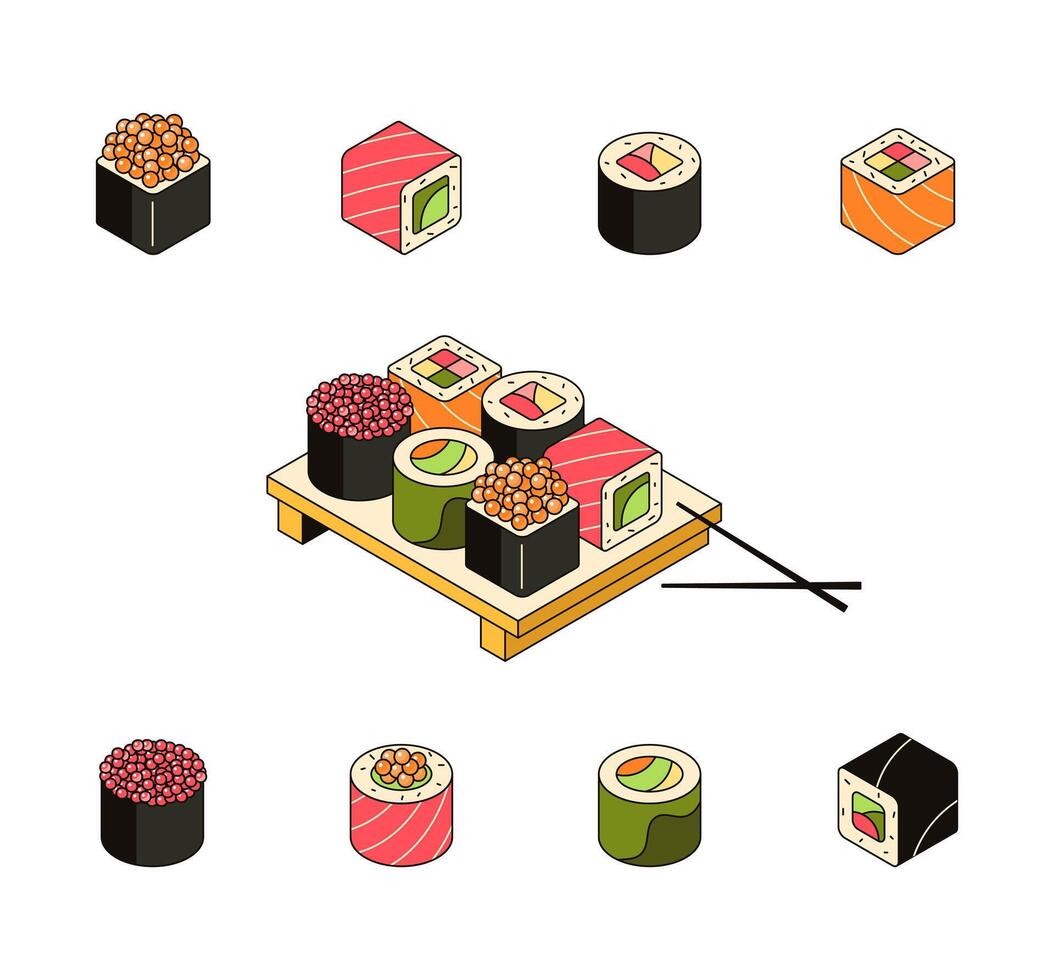 Sushi sur le conseil, traditionnel asiatique aliments. ensemble de Rouleaux avec riz, poisson, saumon, thon, caviar, algue. collection de 3d Fruit de mer Icônes, Japonais cuisine. vecteur contour 3d isométrique illustration