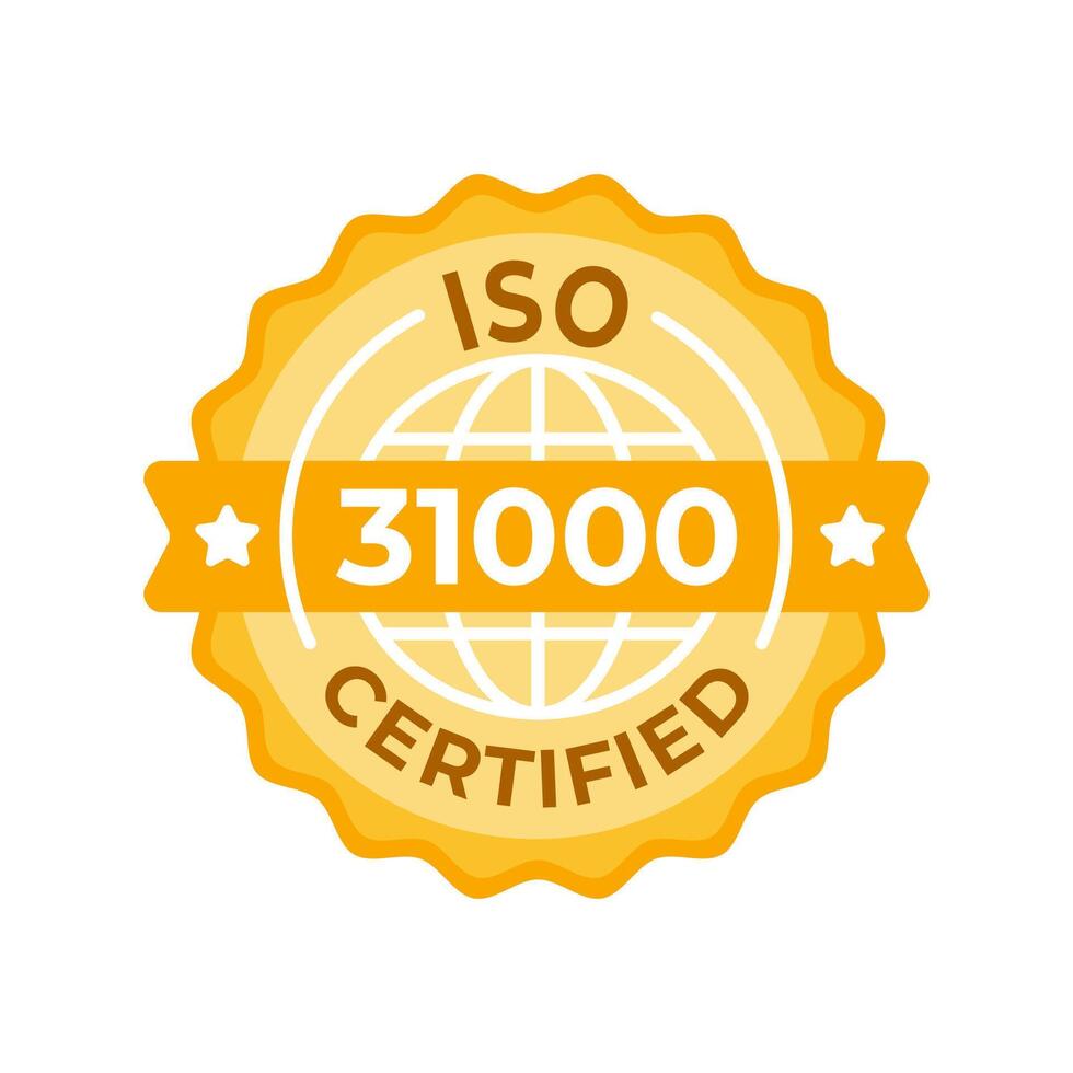 iso 31000 agréé emblème. une sophistiqué, d'or certification badge symbolisant adhérence à le iso 31000 risque la gestion des lignes directrices vecteur