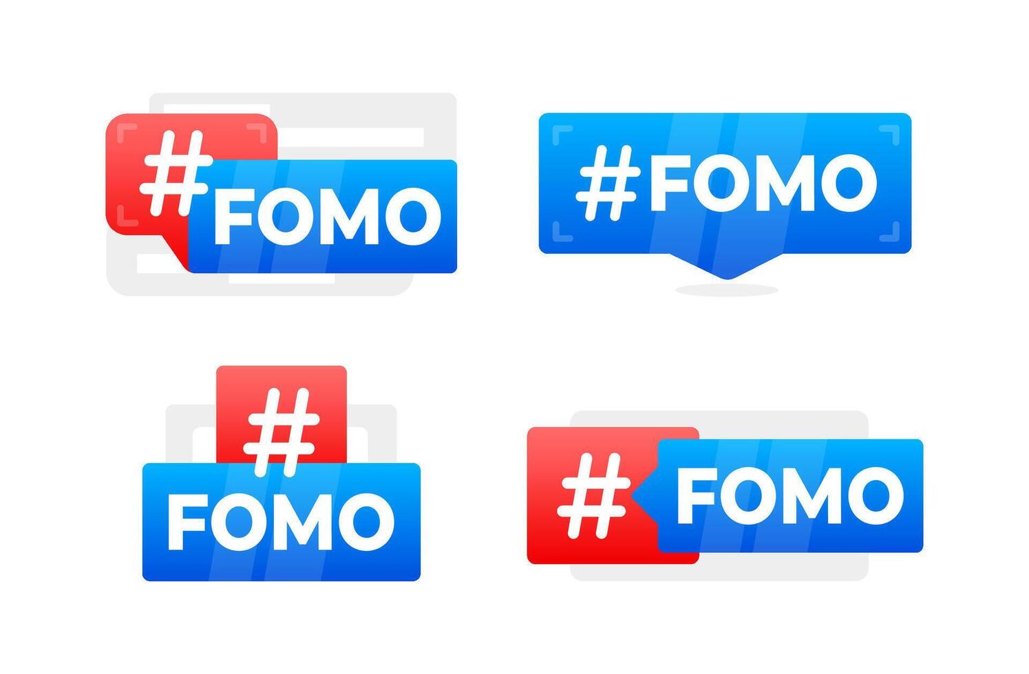 fomo hashtag bulles dans plat conception - une collection de moderne, coloré discours bulles avec le fomo hashtag, représentant le peur de disparu en dehors dans social médias culture vecteur