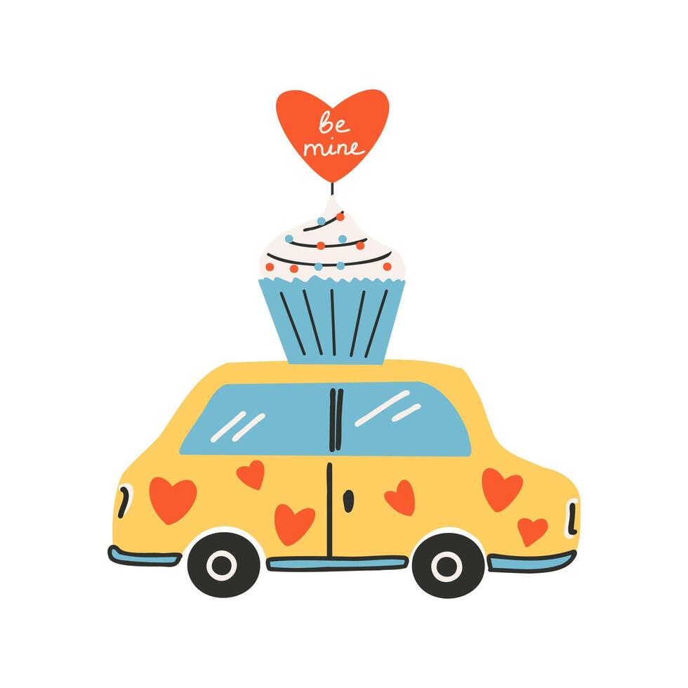 le Jaune voiture cette porte le petit gâteau avec une cœur et le texte être exploiter. symbole de aimer, romance. conception pour la Saint-Valentin journée. vecteur