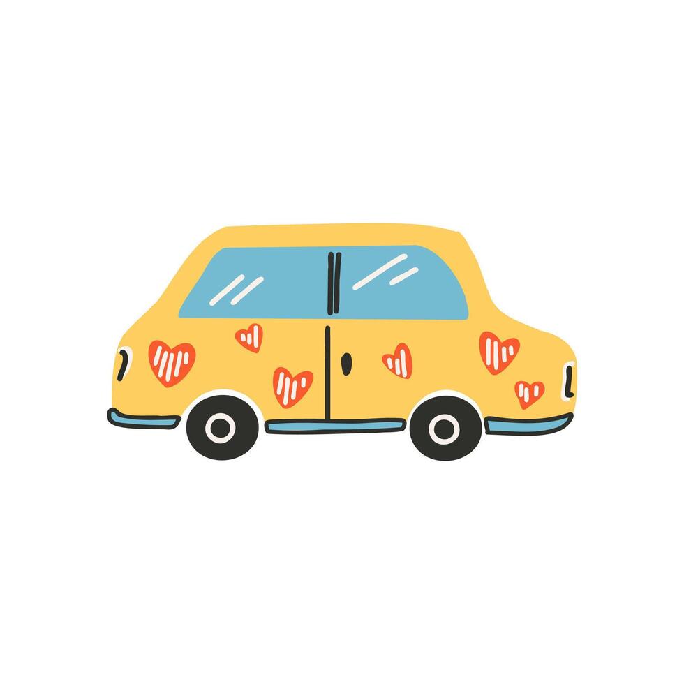 le Jaune voiture avec cœurs. symbole de aimer, romance. conception pour la Saint-Valentin journée. vecteur