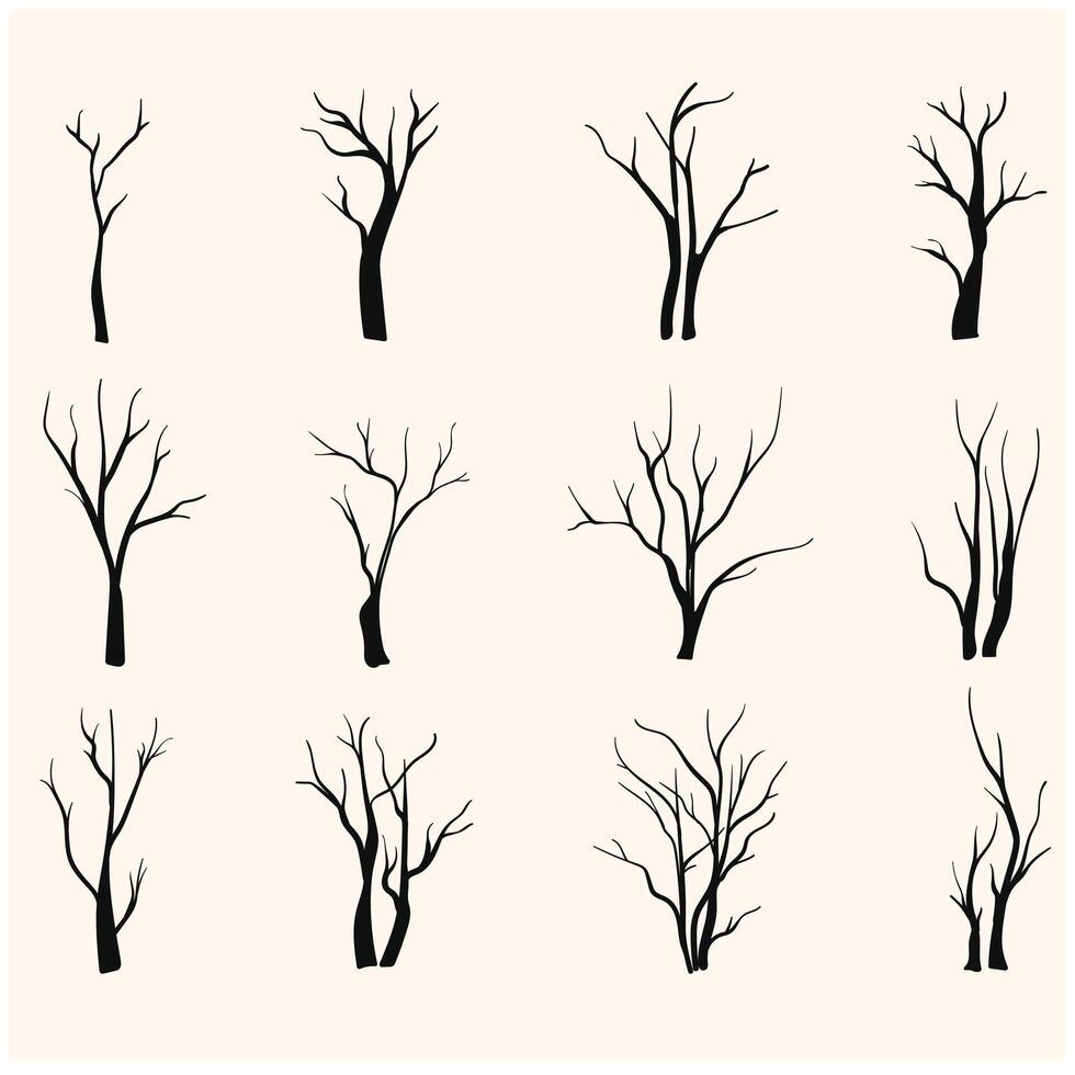 noir branche arbre ou nu des arbres silhouettes ensemble. illustration style griffonnage et ligne art vecteur