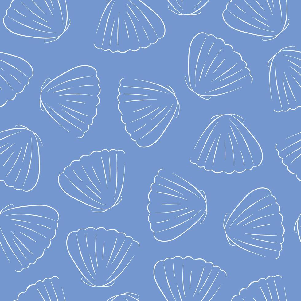 coquille sans couture modèle sur une bleu dans ligne art style. sous-marin conception pour tissu, textile imprimer, emballage papier, couverture. vecteur illustration sur une bleu Contexte.