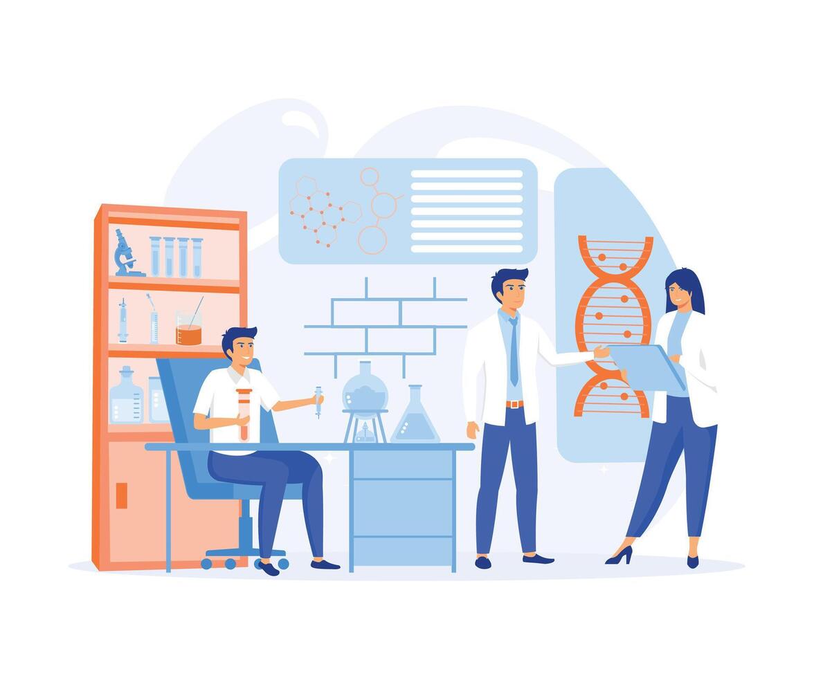 génétique science. ADN molécule laboratoire recherche, gène structure information. plat vecteur moderne illustration