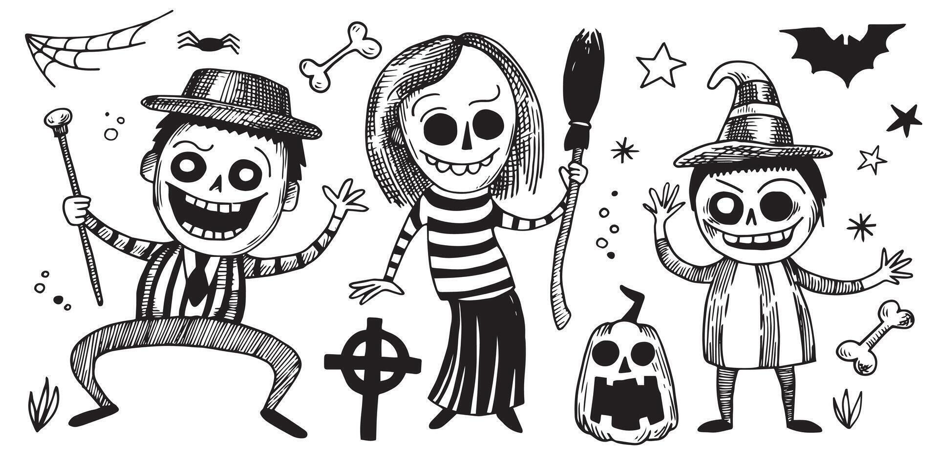 ensemble de personnages pour Halloween dans ancien style, esquisser. mignonne effrayant sorcières, des morts-vivants et citrouilles, gravure vecteur