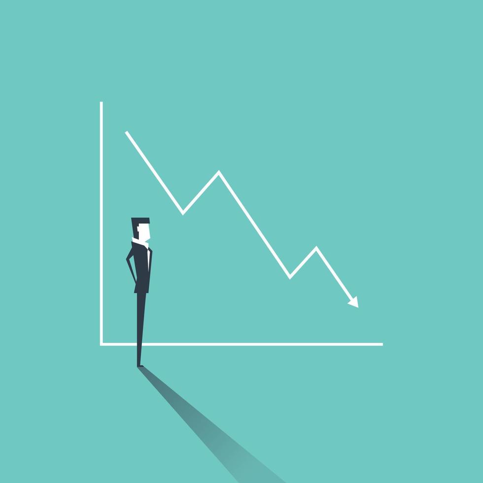 homme d'affaires regardant un graphique avec une chute des ventes ou des bénéfices. tendance négative, symbole d'échec, faillite. vecteur