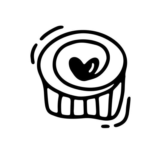 Monoline muffin mignon avec coeur. Icône de vecteur dessiné main Saint Valentin. Croquis de vacances doodle élément de design Saint-Valentin. décor d&#39;amour pour le web, le mariage et l&#39;impression. Illustration isolée