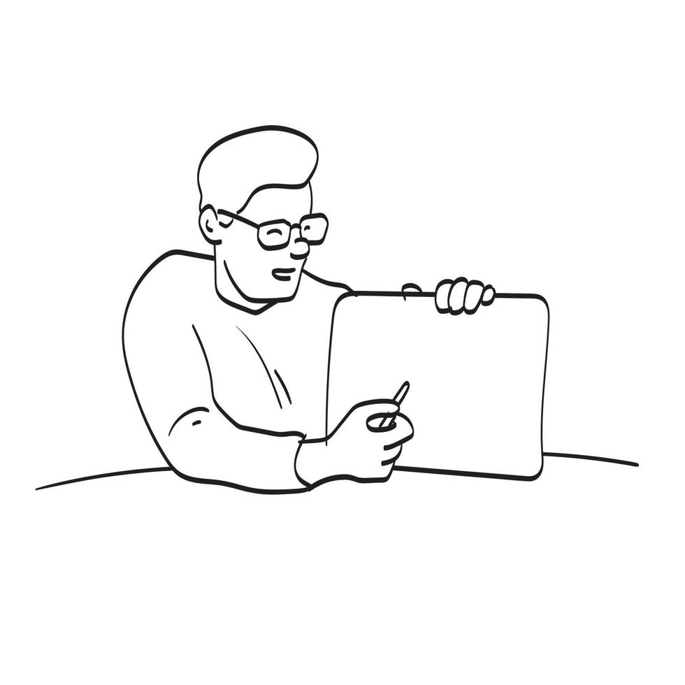 homme d'art en ligne avec des lunettes pointant sur un espace vide dans le vecteur d'illustration de tablette isolé sur fond blanc