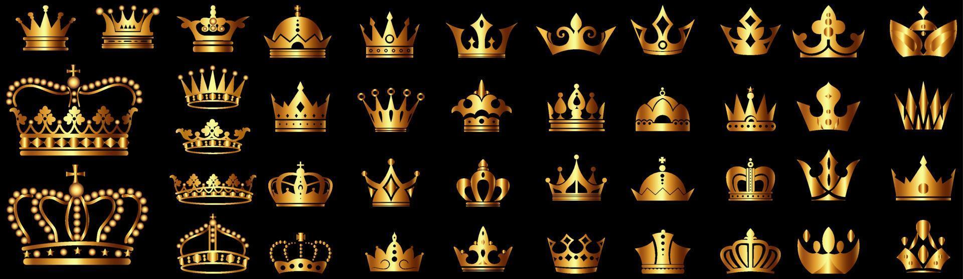 ensemble de couronnes en or. ensemble d'icône royale. collection d'icônes de couronne d'or. couronne en or réaliste. vecteur
