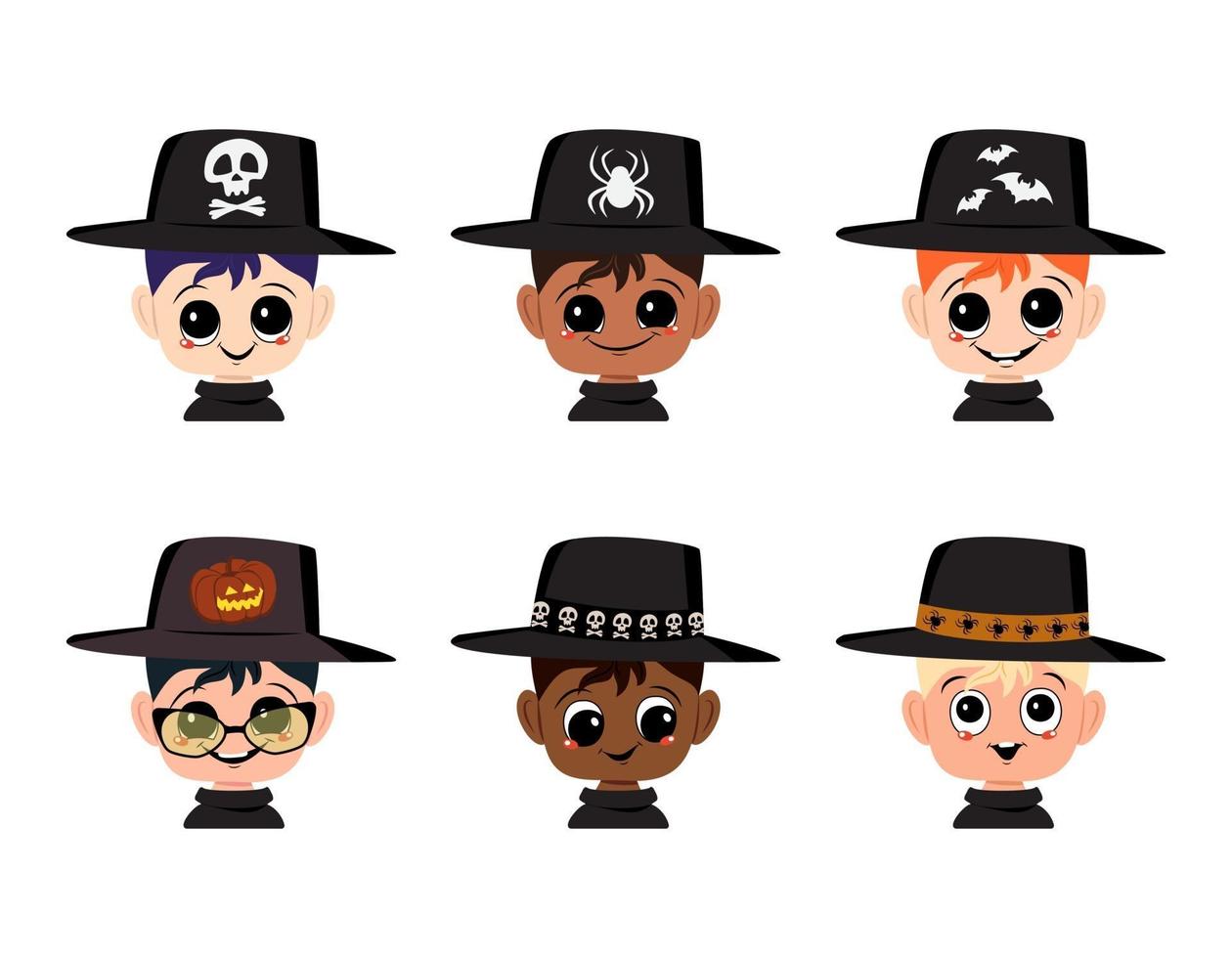 ensemble d'avatars garçon de différentes nationalités avec de grands yeux et un large sourire heureux en chapeau de sorcière pointu. tête d'enfant au visage heureux. décoration de fête d'halloween vecteur