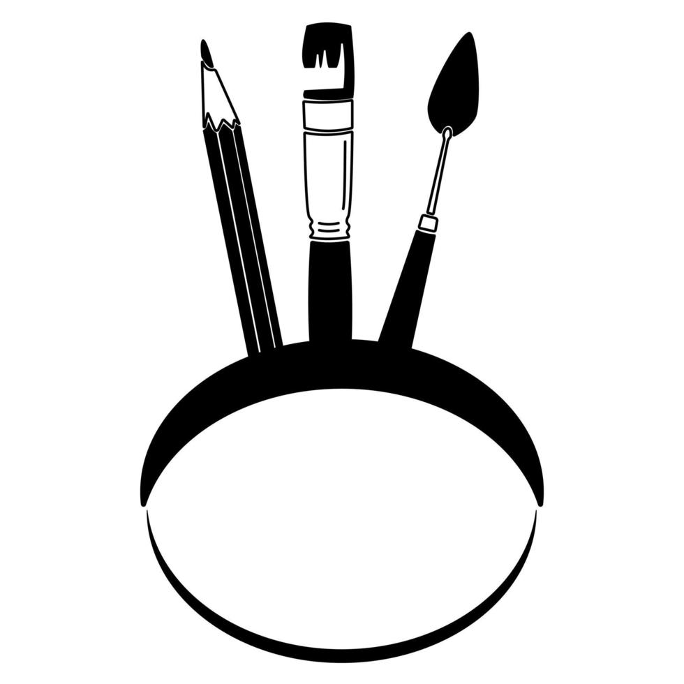 silhouette de fournitures de dessin pour logo ou design, crayon pinceau et couteau à palette vecteur