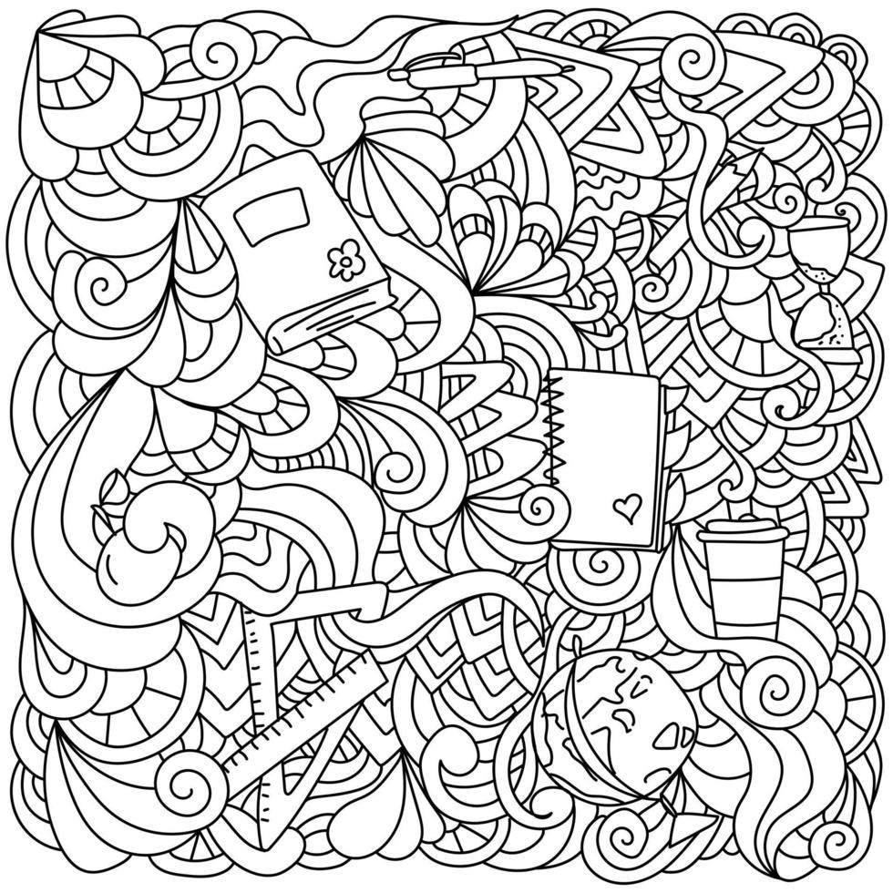 fournitures scolaires et de nombreux motifs abstraits, coloriage fantaisie enchevêtré sur le thème de l'apprentissage vecteur