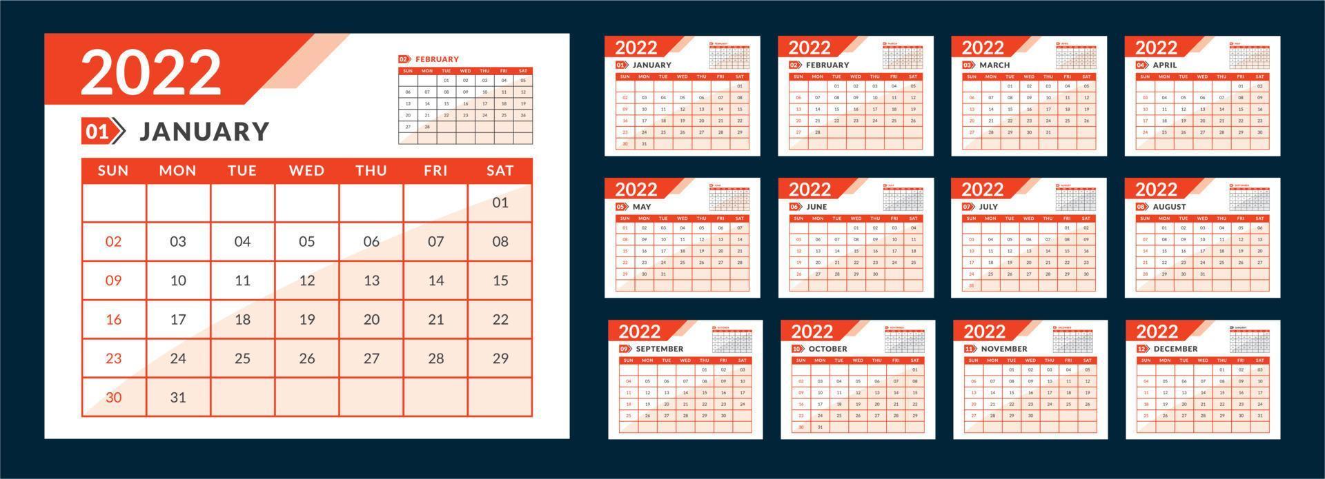 modèle de calendrier mensuel pour l'année 2022. la semaine commence le dimanche. calendrier mural vecteur