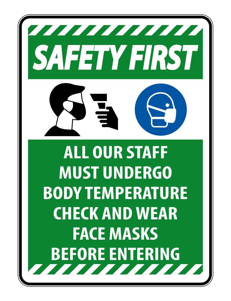 la sécurité d'abord le personnel doit subir un contrôle de température signe sur fond blanc vecteur