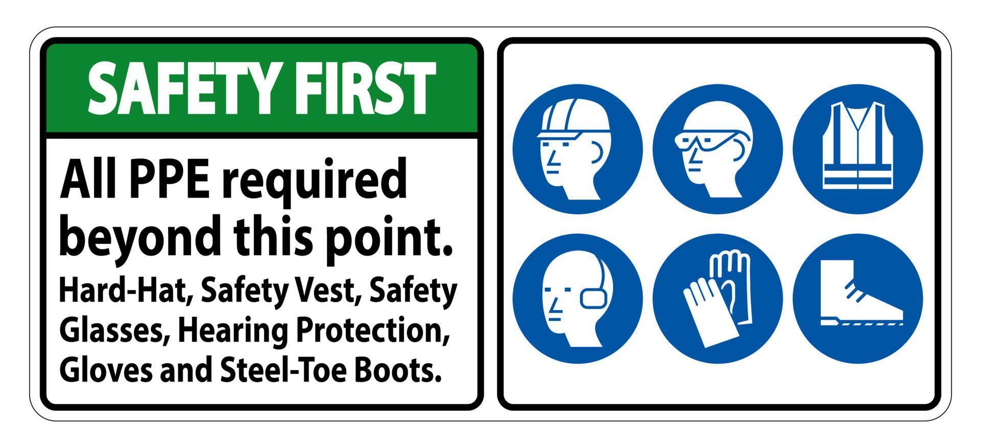 sécurité d'abord EPI requis au-delà de ce point. casque, gilet de sécurité, lunettes de sécurité, protection auditive vecteur