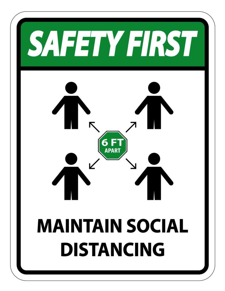 la sécurité d'abord maintenir une distance sociale, rester à 6 pieds de distance, signe de coronavirus covid-19 isoler sur fond blanc, illustration vectorielle eps.10 vecteur