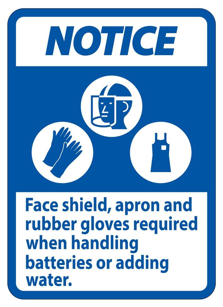 avis signe masque facial, tablier et gants en caoutchouc requis lors de la manipulation des piles ou de l'ajout d'eau avec des symboles EPI vecteur