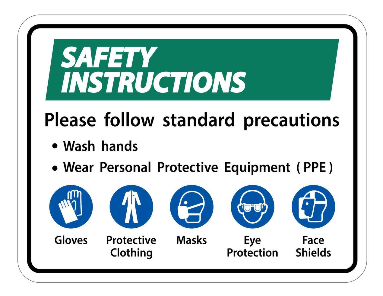 consignes de sécurité veuillez suivre les précautions standard, se laver les mains, porter un équipement de protection individuelle EPI, gants vêtements de protection masques protection des yeux écran facial vecteur