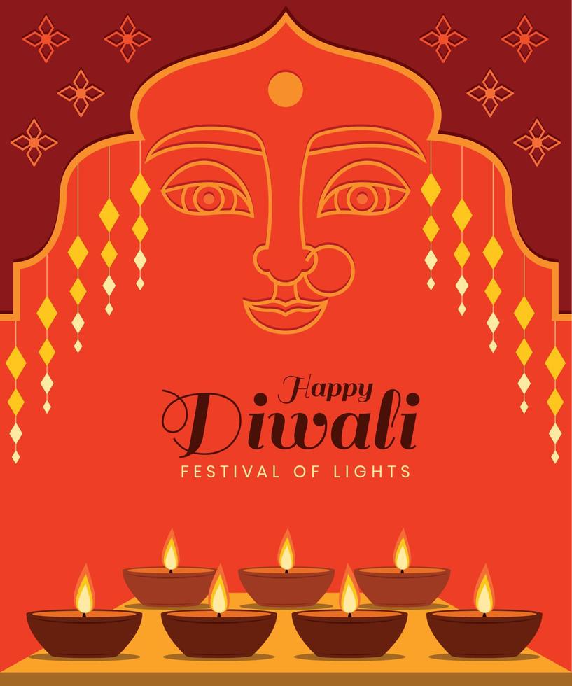 fond d'écran du festival de diwali avec diya des lumières et contour du visage de la déesse lakshmi. vecteur