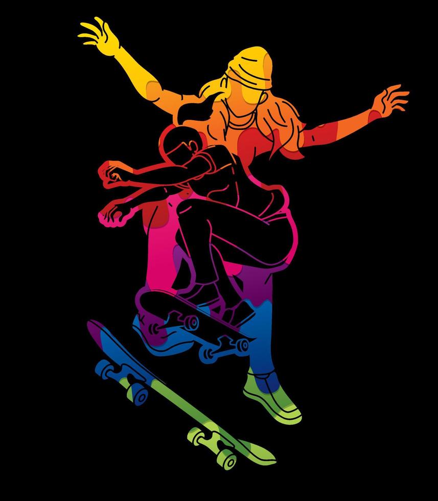 groupe de graffiti skateboarder jouant ensemble à la planche à roulettes vecteur
