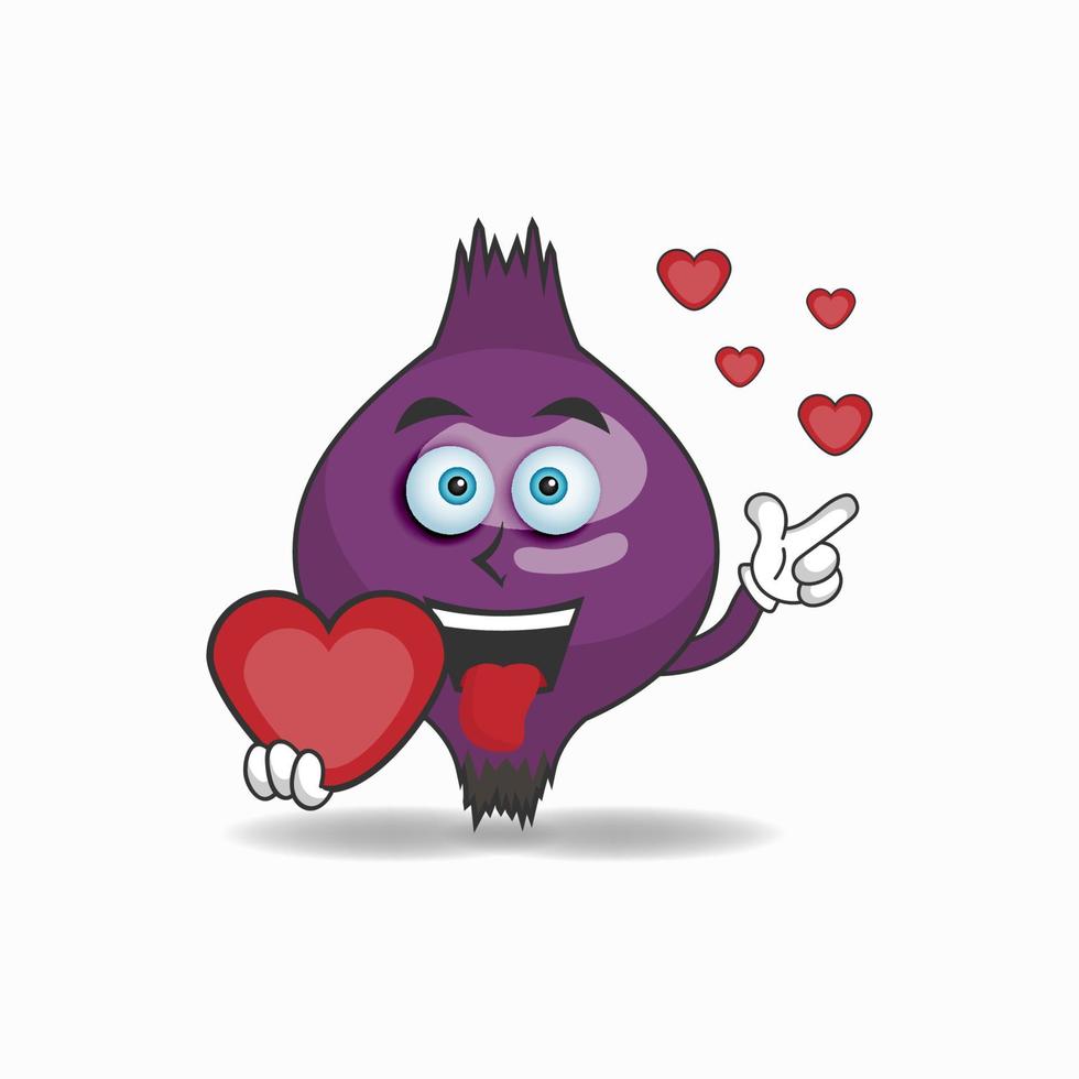 personnage de mascotte d'oignon violet tenant une icône d'amour. illustration vectorielle vecteur
