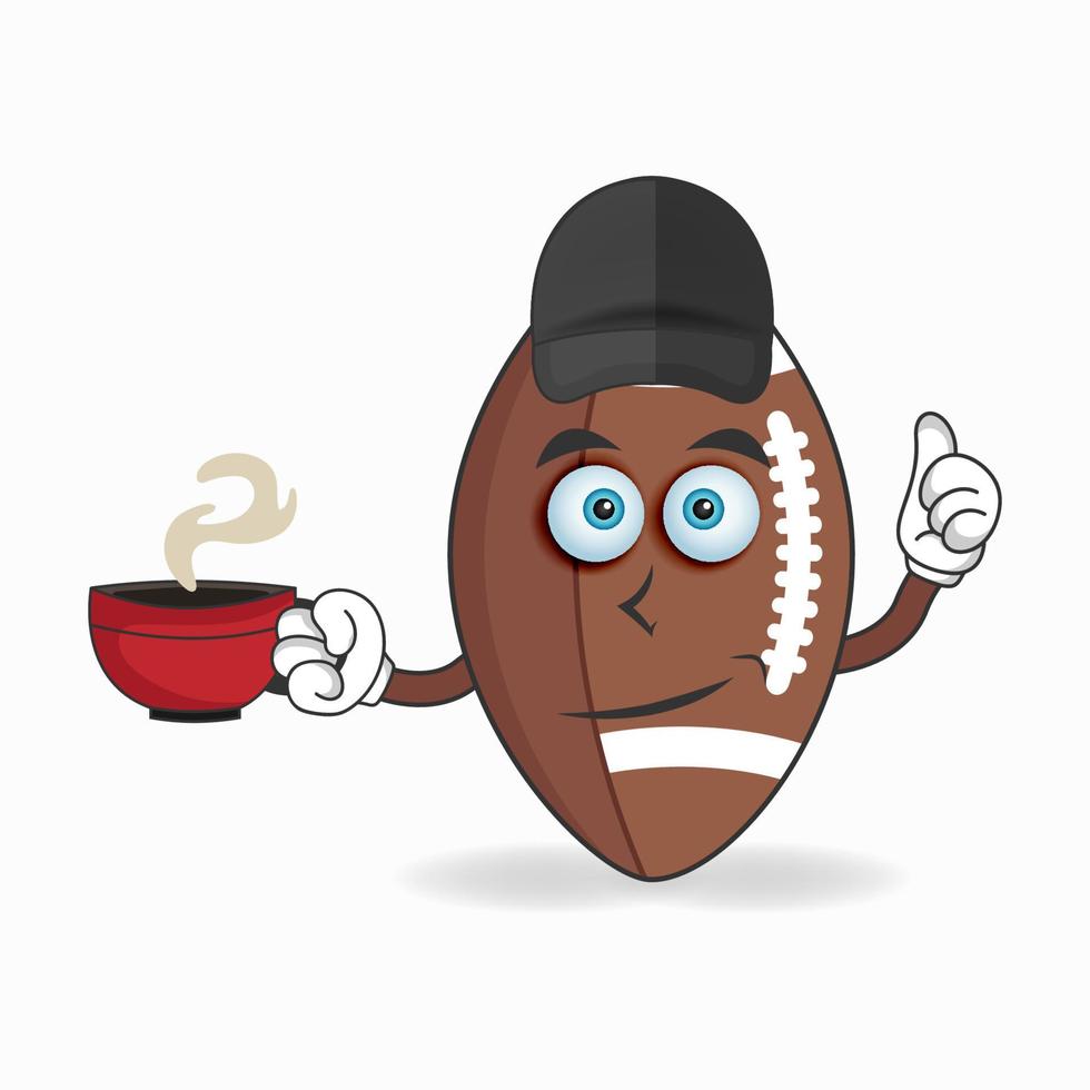 personnage de mascotte de football américain tenant une tasse de café chaud. illustration vectorielle vecteur