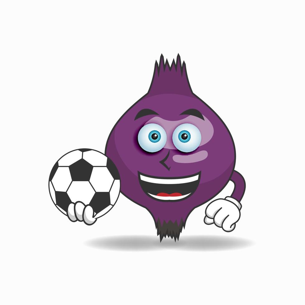 le personnage mascotte de l'oignon violet devient un joueur de football. illustration vectorielle vecteur