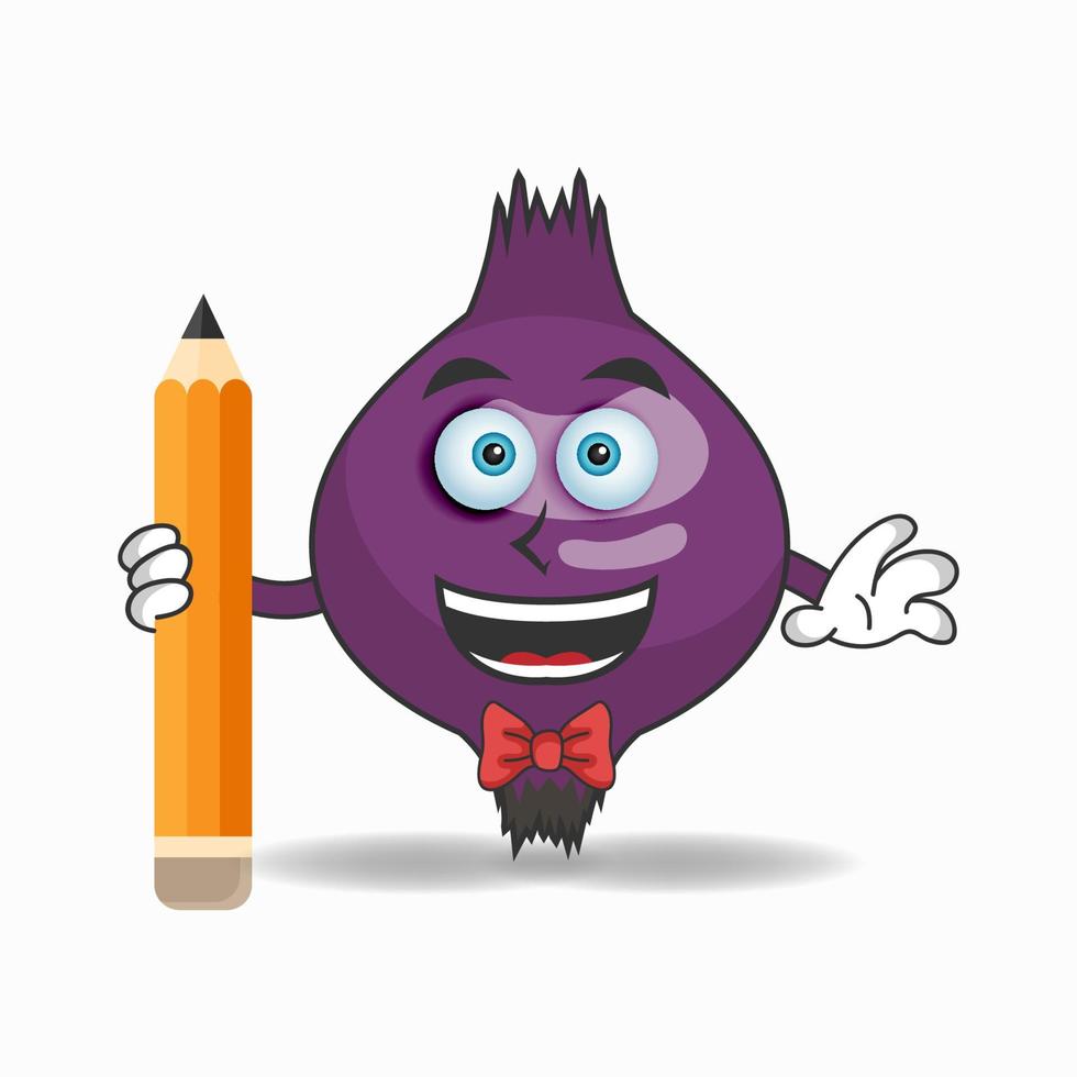personnage mascotte oignon violet tenant un crayon. illustration vectorielle vecteur