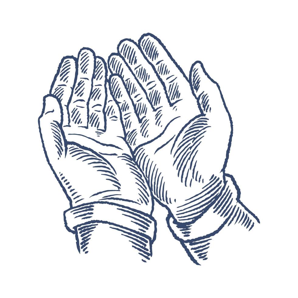 mains en prière dessinées à la main. un humain prie, tenant un chapelet dans ses mains vecteur