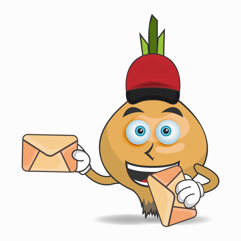 le personnage mascotte d'oignon devient un livreur de courrier. illustration vectorielle vecteur