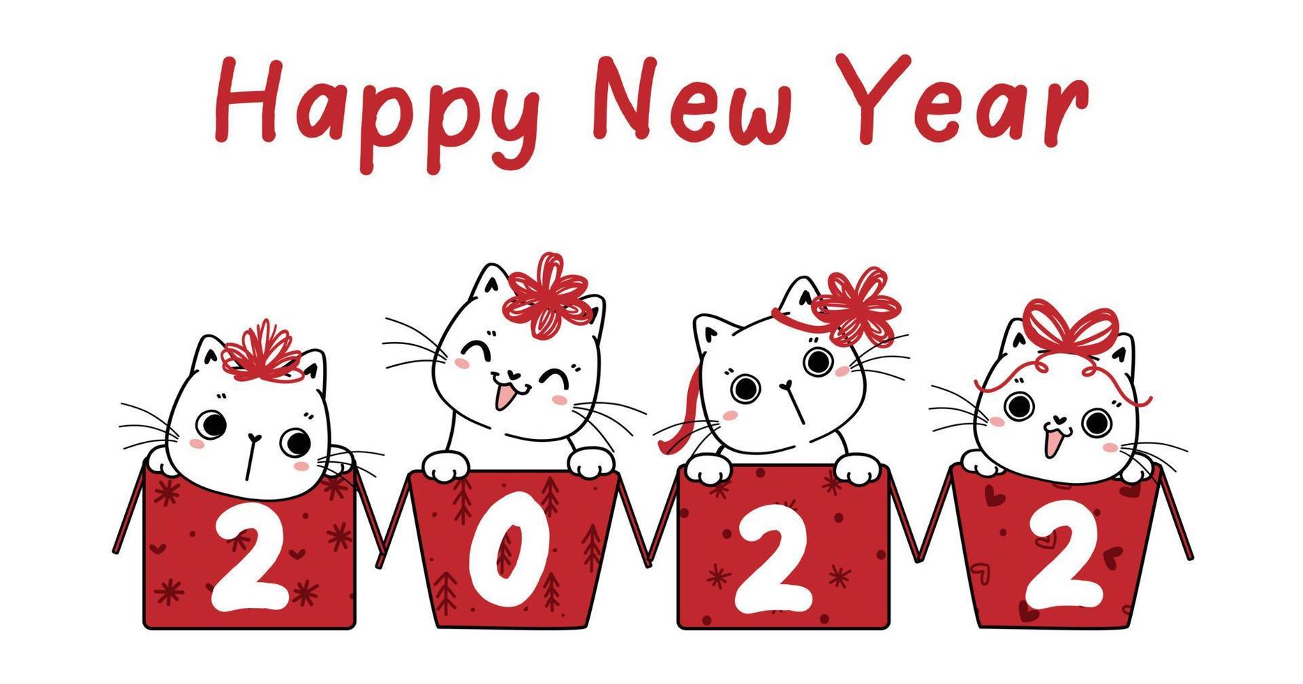 groupe de quatre chatons drôles blancs dans des boîtes, bonne année 2022, idée de carte de voeux ou de bannière, contour dessiné à la main de dessin animé vecteur