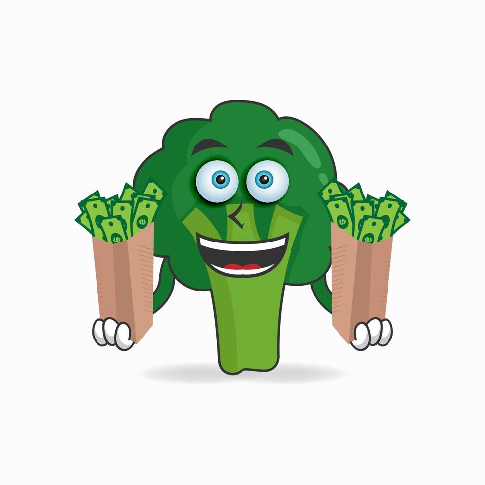 personnage de mascotte de brocoli tenant de l'argent. illustration vectorielle vecteur