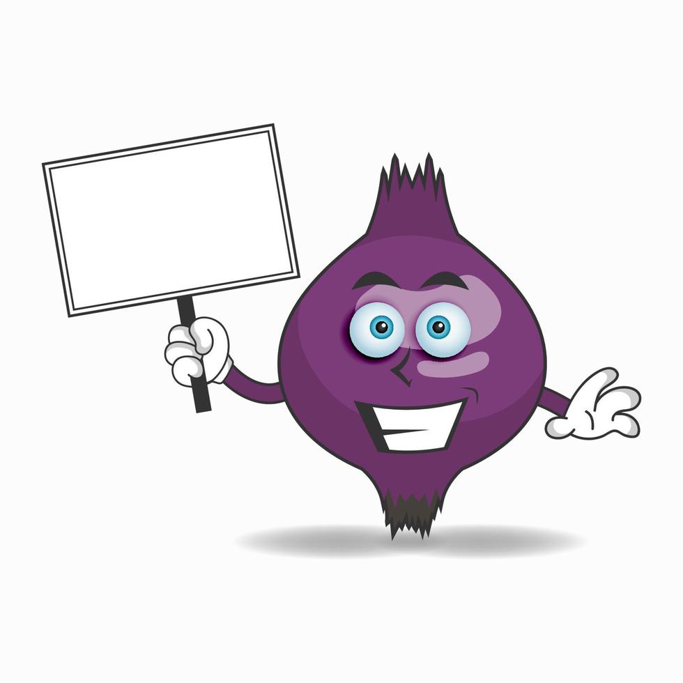 Mascotte d'oignon violet, personnage tenant un tableau blanc. illustration vectorielle vecteur