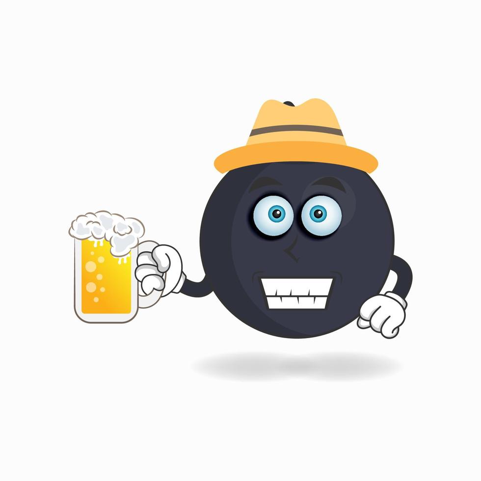 le personnage de la mascotte du boom tient un verre rempli d'une boisson. illustration vectorielle vecteur