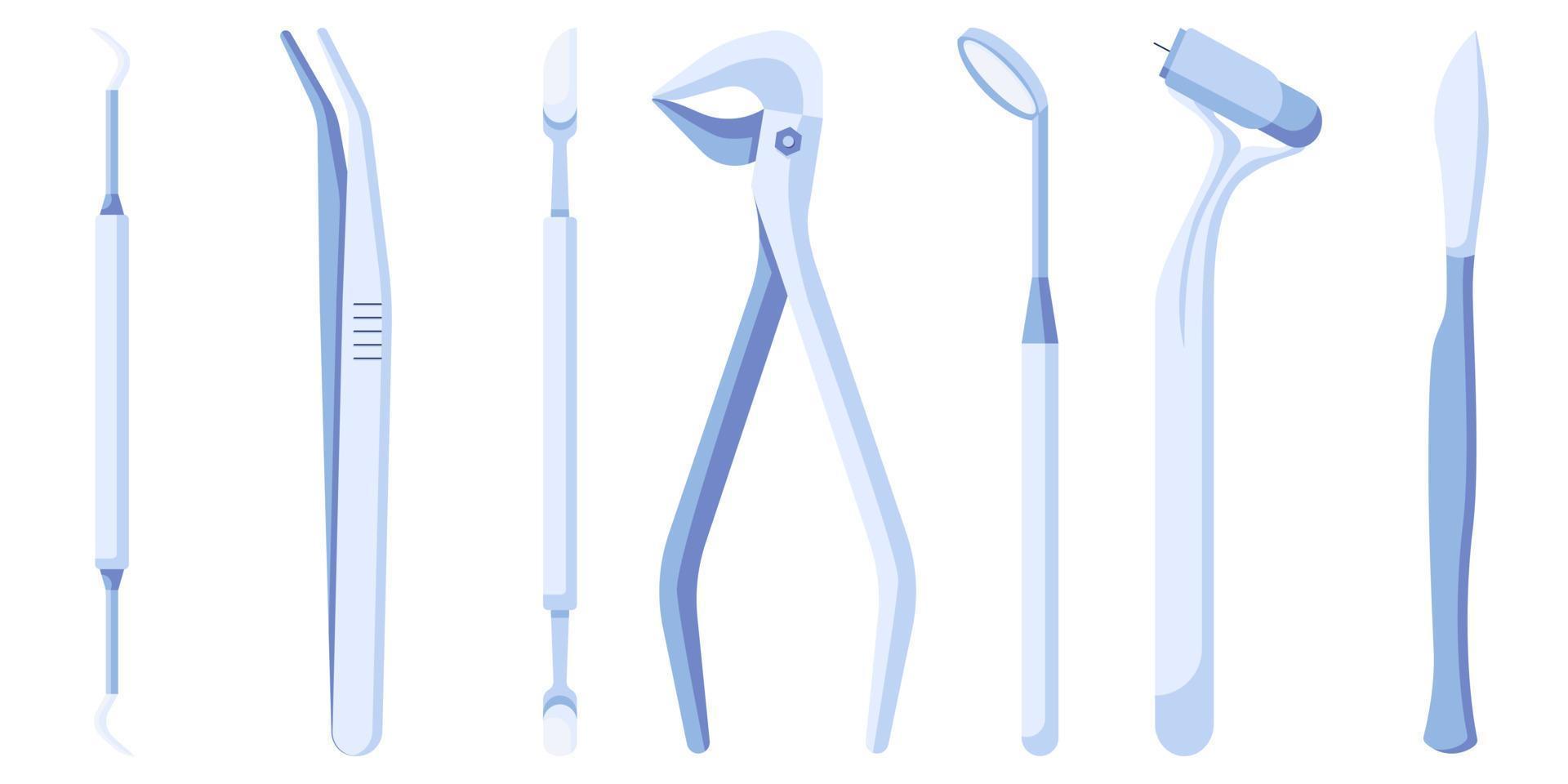 ensemble d'icônes d'outils et d'instruments dentaires. la stomatologie fournit une icône vectorielle dans un style plat isolé sur fond blanc. vecteur