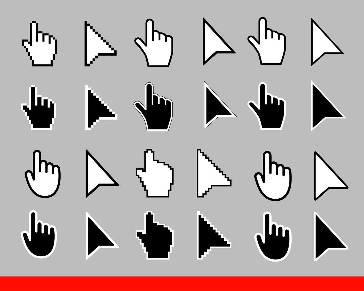 24 flèches blanches et pointeur main ensemble d'icônes de curseur. pixel et version moderne des signes de curseurs. symboles de direction et touchez les liens et appuyez sur les boutons isolés sur l'illustration vectorielle de fond gris. vecteur